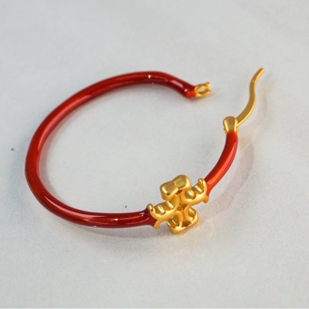 18K Gold plated Kira Tory Burch Red and Gold Hoop Earrings - Picture 7 of 7
